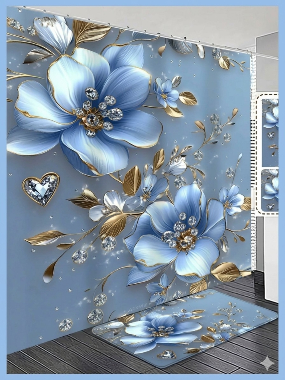 Blue Floral Elegant & Gorgeous 2D Luxury Shower Curtain with Gold Accents